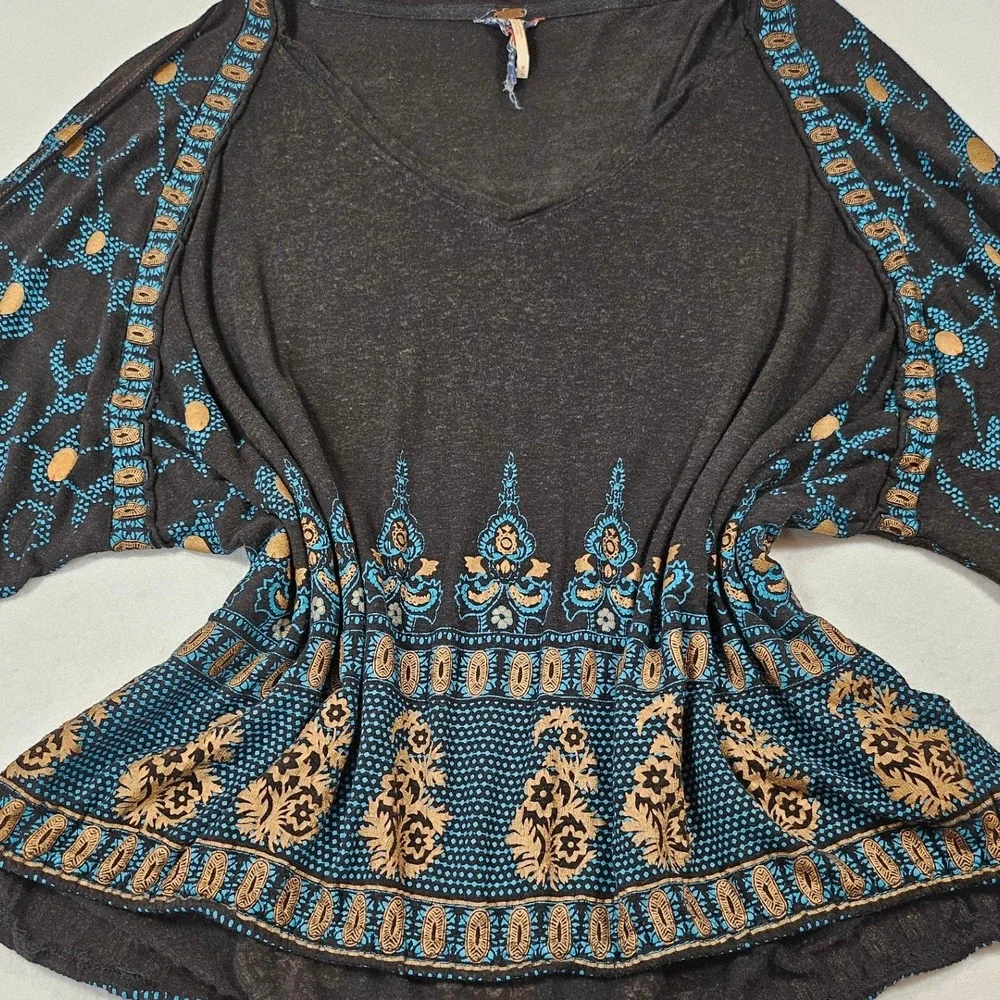 Free People Womens Boho Paisley Border Print V-Neck Linen Blend Top Black Medium